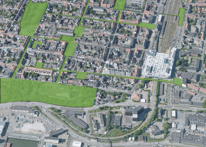 Grøn struktur i Esbjerg indre by.
